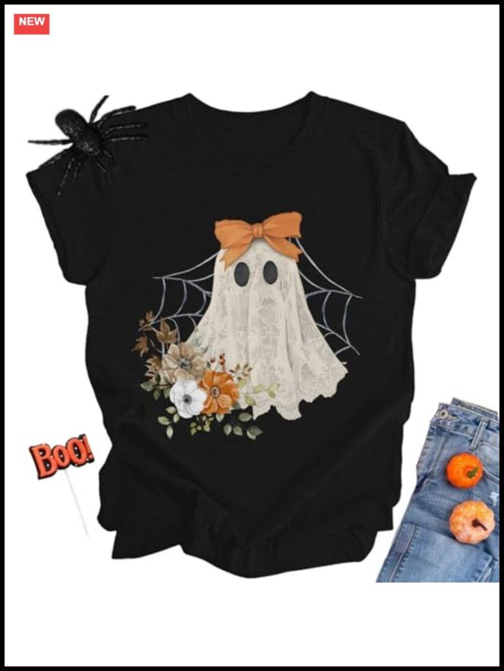 Women's Halloween Ghost T-Shirt Short Sleeve Crew Neck Soft Tee